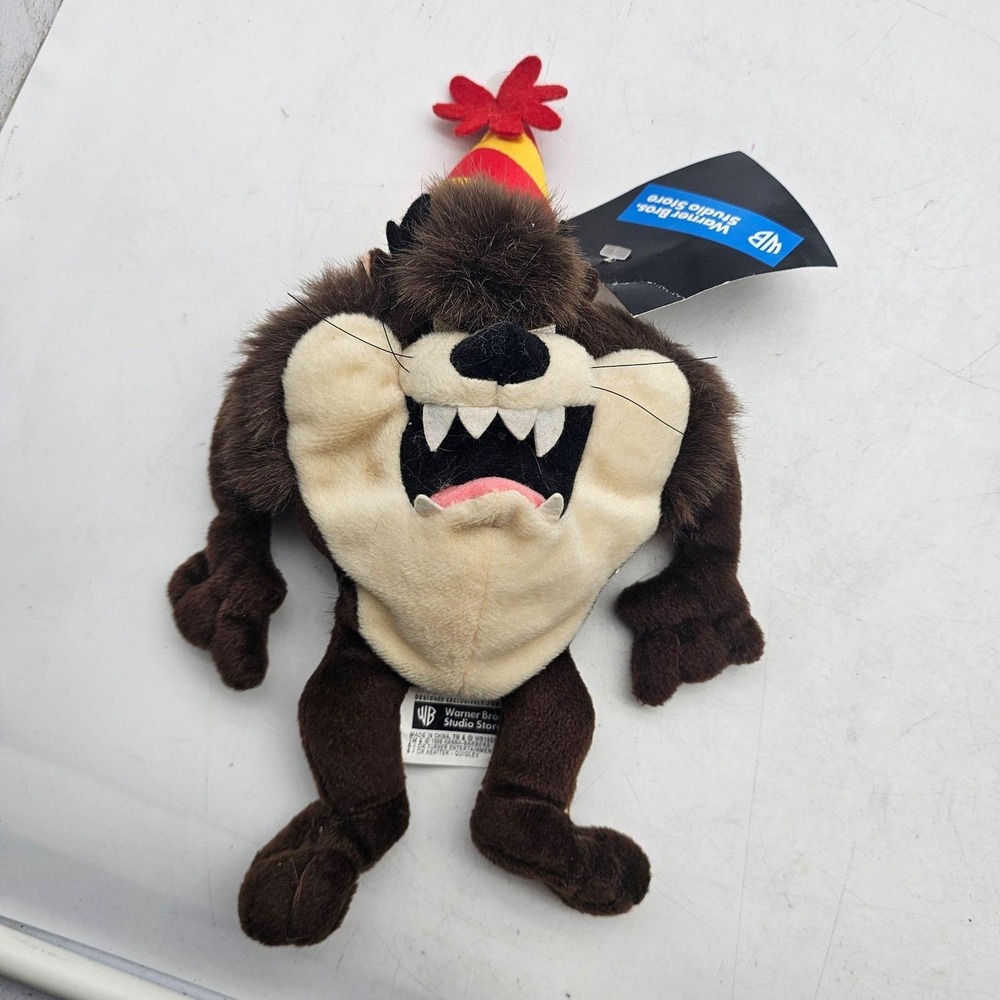 Vtg Warner Bros Looney Tunes Taz Plush Stuffed Toy Small Party Hat 1998 Cute